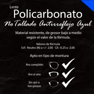 Lente Policarbonato Antirreflejo Azul No Tallado (precio par)