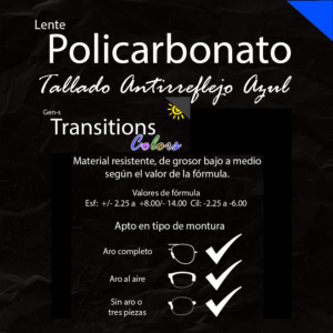 Lente Policarbonato Antirreflejo Azul Tallado Transitions G-S (precio par)